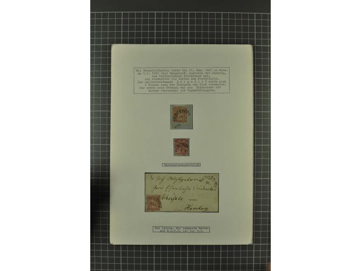 1857/74, spezialisierte aufgezogene Sammlung, beginnend mit 3 Postscheinen und diversen Probedrucken; der Markenteil mit unge