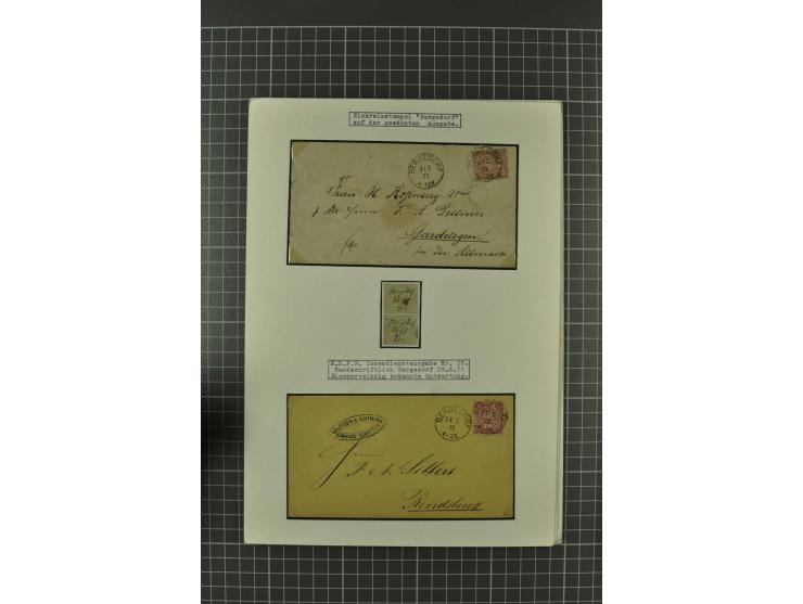 1857/74, spezialisierte aufgezogene Sammlung, beginnend mit 3 Postscheinen und diversen Probedrucken; der Markenteil mit unge