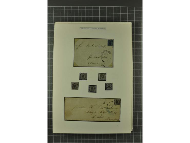 1857/74, spezialisierte aufgezogene Sammlung, beginnend mit 3 Postscheinen und diversen Probedrucken; der Markenteil mit unge