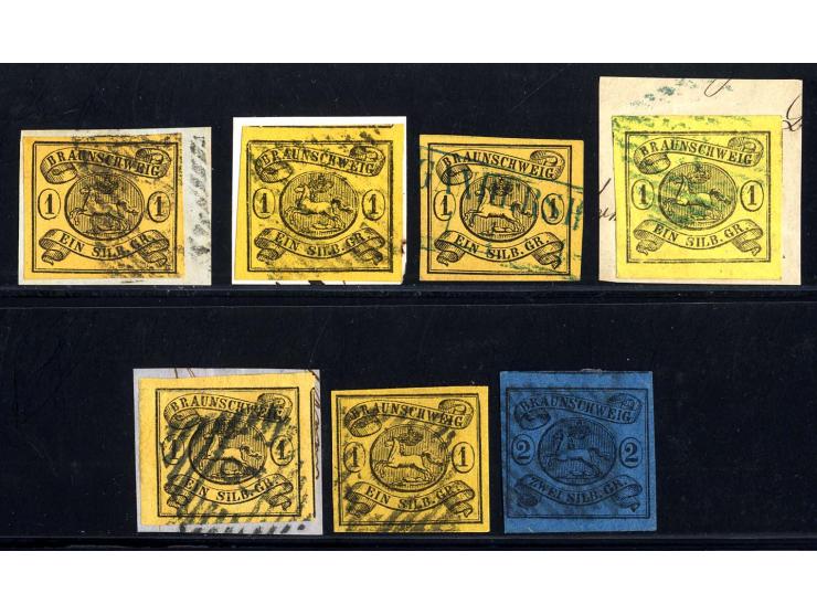 1853/61, 7 breitrandige Einzelwerte, meist Briefstücke, dabei u.a. Mi.-Nr. 6c und 6b mit Ortsstempel, teils sign.