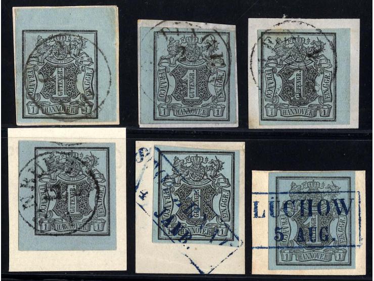 1850, 6 Einzelwerte Mi.-Nr. 1, teils auf Briefstück, dabei Randstücke, 2 Bogenecken sowie blaue Ra2 von Lüchow und Stolzenau