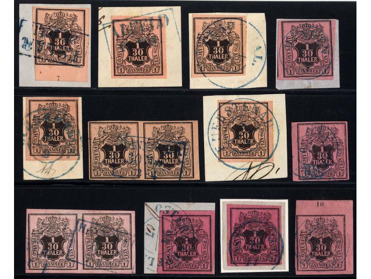 1851/55, Mi.-Nr. 3a und b, kleine gestempelte Partie von 10 Einzelmarken und 2 Paaren, meist auf Briefstück, dabei eine Bogen
