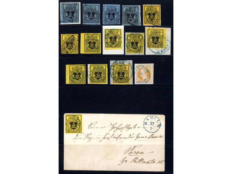 1851/59, kleines gestempeltes Lot der Mi.-Nr. 4 (4), 5 (9 + Brief) und 16, dabei Randstücke, teils auf Briefstück