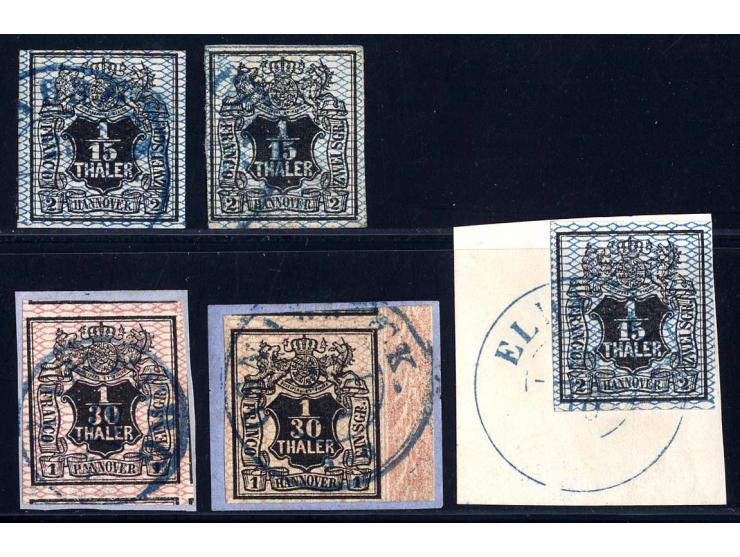 1856/57, 1/30 Th. (2) und 1/15 Th. (3), meist Briefstücke, dabei Marke mit Teilen von 4 Nachbarmarken sowie breites Randstück