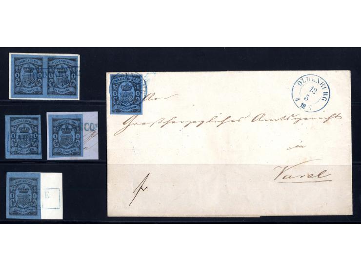 1859, 1 Gr. auf blau, 3 sehr breitrandige Einzelstücke mit verschiedenen Stempeln, breitrandiges Paar auf Briefstück sowie sc