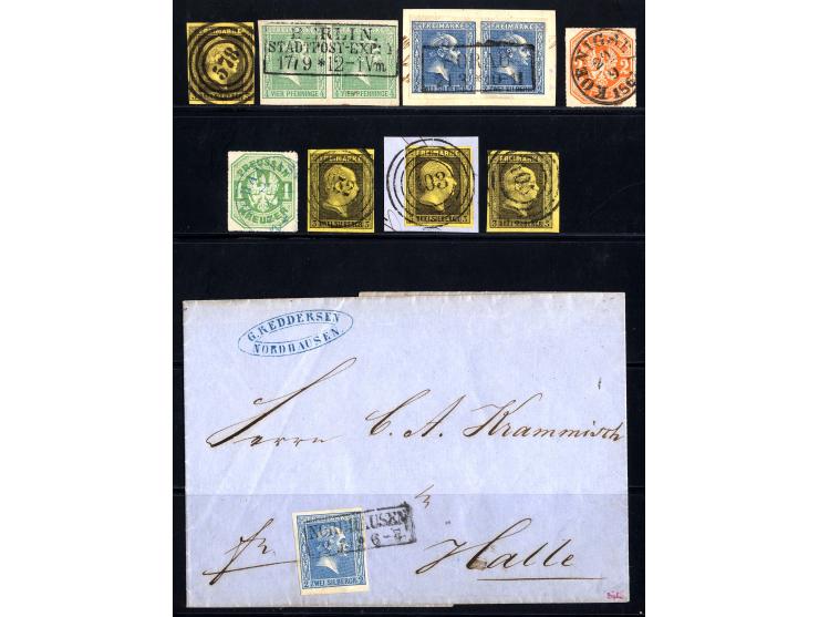 1850/67, 6 gestempelte Einzelwerte, 2 Paare (Mi.-Nr. 9a und 11b) und ein frankierter Brief, dabei u.a. nachverwendeter Taxis-