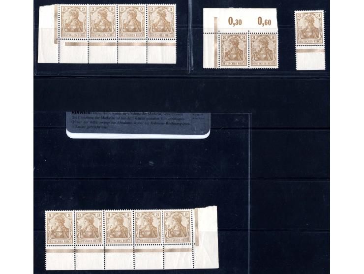 1902, 3 Pfg. braunocker, Einzelstück, waagerechtes Paar, waagerechter 4er-Streifen und waagerechter 5er-Streifen, alle vom Ra
