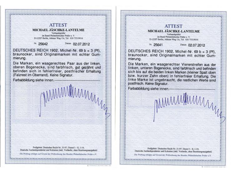 1902, 3 Pfg. braunocker, Einzelstück, waagerechtes Paar, waagerechter 4er-Streifen und waagerechter 5er-Streifen, alle vom Ra