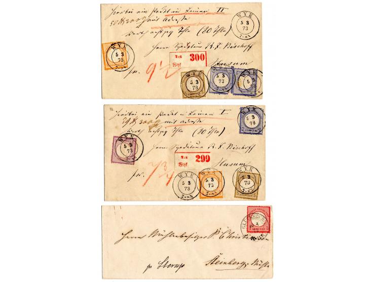 1872/74, Brustschile, 8 Briefe und Karten, dabei 2 Paketbegleitbriefe und 1 Karte, Vierfarben-Frankatur etc.