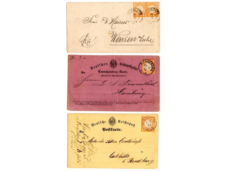 1872/74, Brustschile, 8 Briefe und Karten, dabei 2 Paketbegleitbriefe und 1 Karte, Vierfarben-Frankatur etc.