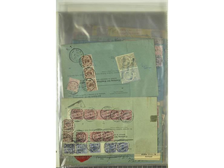 1874/95, 55 Auslandspaketkarten mit diversen Frankaturen ab Brustschild bis Krone/Adler, dabei viele Mischfrankaturen mit Inn