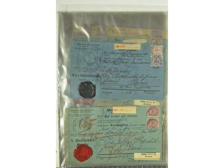 1874/95, 55 Auslandspaketkarten mit diversen Frankaturen ab Brustschild bis Krone/Adler, dabei viele Mischfrankaturen mit Inn