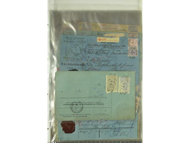 1874/95, 55 Auslandspaketkarten mit diversen Frankaturen ab Brustschild bis Krone/Adler, dabei viele Mischfrankaturen mit Inn