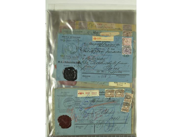 1874/95, 55 Auslandspaketkarten mit diversen Frankaturen ab Brustschild bis Krone/Adler, dabei viele Mischfrankaturen mit Inn