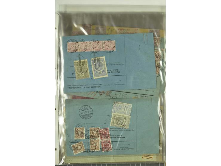 1874/95, 55 Auslandspaketkarten mit diversen Frankaturen ab Brustschild bis Krone/Adler, dabei viele Mischfrankaturen mit Inn