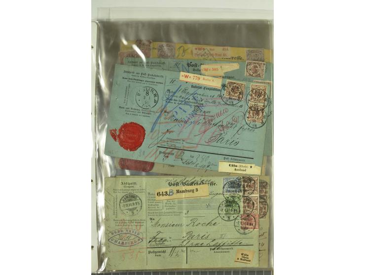 1874/95, 55 Auslandspaketkarten mit diversen Frankaturen ab Brustschild bis Krone/Adler, dabei viele Mischfrankaturen mit Inn