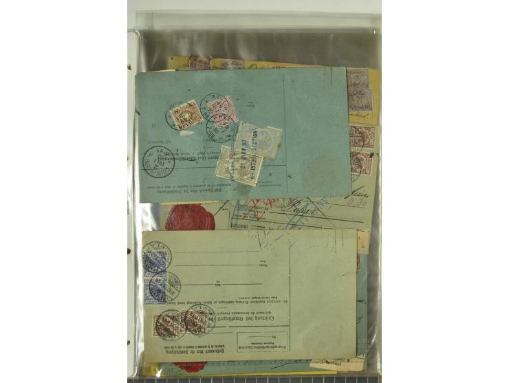 1874/95, 55 Auslandspaketkarten mit diversen Frankaturen ab Brustschild bis Krone/Adler, dabei viele Mischfrankaturen mit Inn