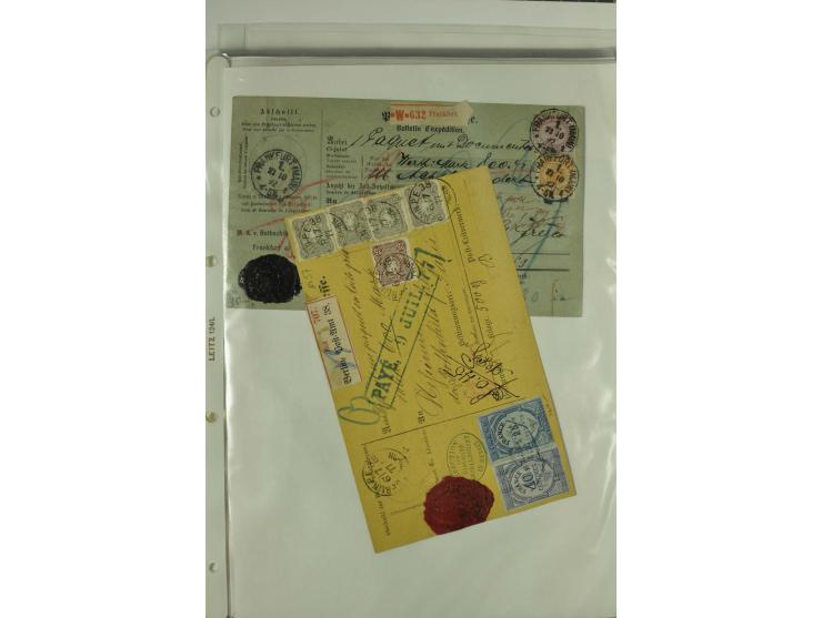 1874/95, 55 Auslandspaketkarten mit diversen Frankaturen ab Brustschild bis Krone/Adler, dabei viele Mischfrankaturen mit Inn