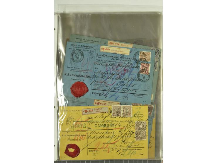 1874/95, 55 Auslandspaketkarten mit diversen Frankaturen ab Brustschild bis Krone/Adler, dabei viele Mischfrankaturen mit Inn