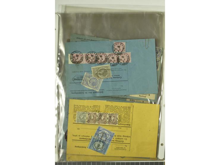 1874/95, 55 Auslandspaketkarten mit diversen Frankaturen ab Brustschild bis Krone/Adler, dabei viele Mischfrankaturen mit Inn