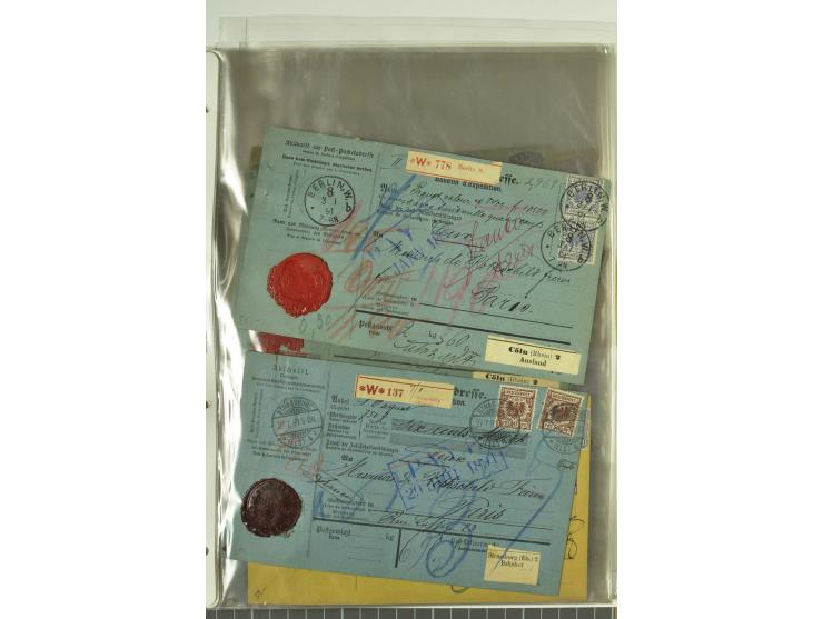1874/95, 55 Auslandspaketkarten mit diversen Frankaturen ab Brustschild bis Krone/Adler, dabei viele Mischfrankaturen mit Inn