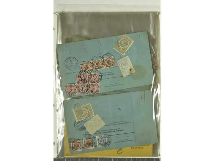1874/95, 55 Auslandspaketkarten mit diversen Frankaturen ab Brustschild bis Krone/Adler, dabei viele Mischfrankaturen mit Inn