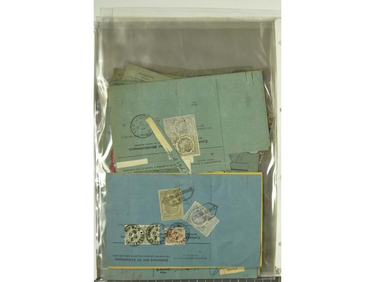 1874/95, 55 Auslandspaketkarten mit diversen Frankaturen ab Brustschild bis Krone/Adler, dabei viele Mischfrankaturen mit Inn