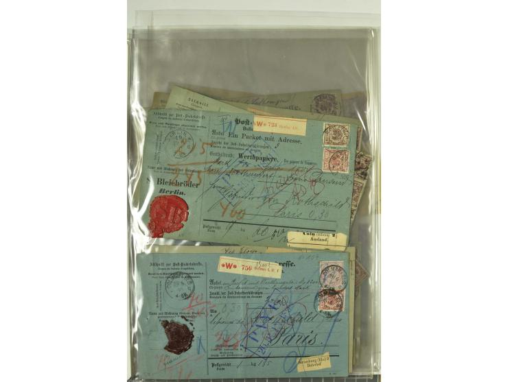 1874/95, 55 Auslandspaketkarten mit diversen Frankaturen ab Brustschild bis Krone/Adler, dabei viele Mischfrankaturen mit Inn
