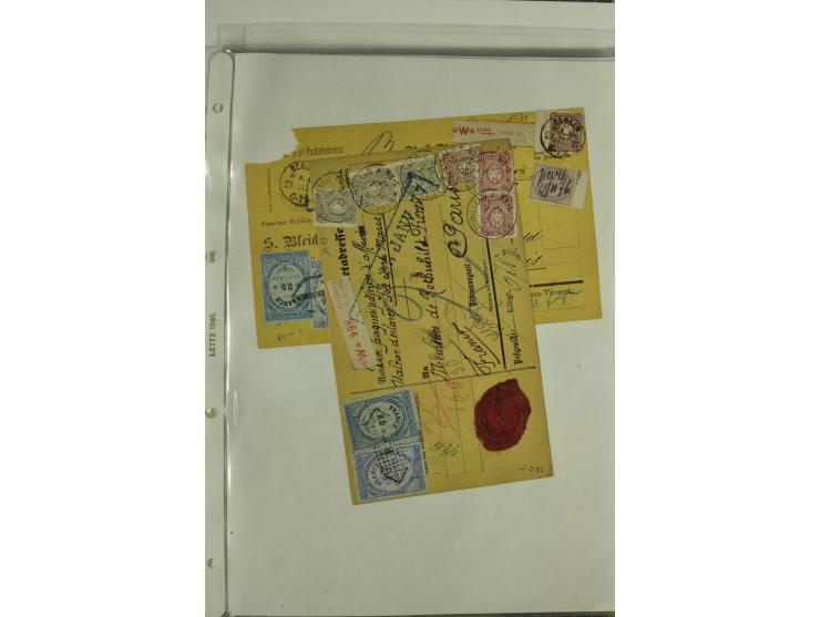 1874/95, 55 Auslandspaketkarten mit diversen Frankaturen ab Brustschild bis Krone/Adler, dabei viele Mischfrankaturen mit Inn