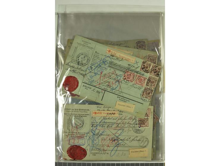 1874/95, 55 Auslandspaketkarten mit diversen Frankaturen ab Brustschild bis Krone/Adler, dabei viele Mischfrankaturen mit Inn