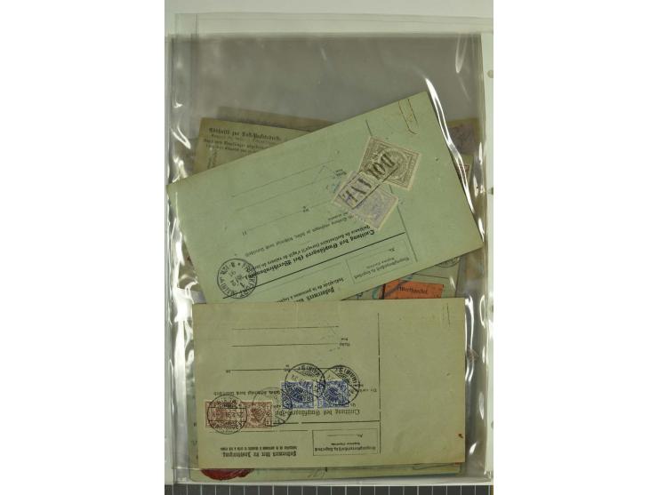1874/95, 55 Auslandspaketkarten mit diversen Frankaturen ab Brustschild bis Krone/Adler, dabei viele Mischfrankaturen mit Inn