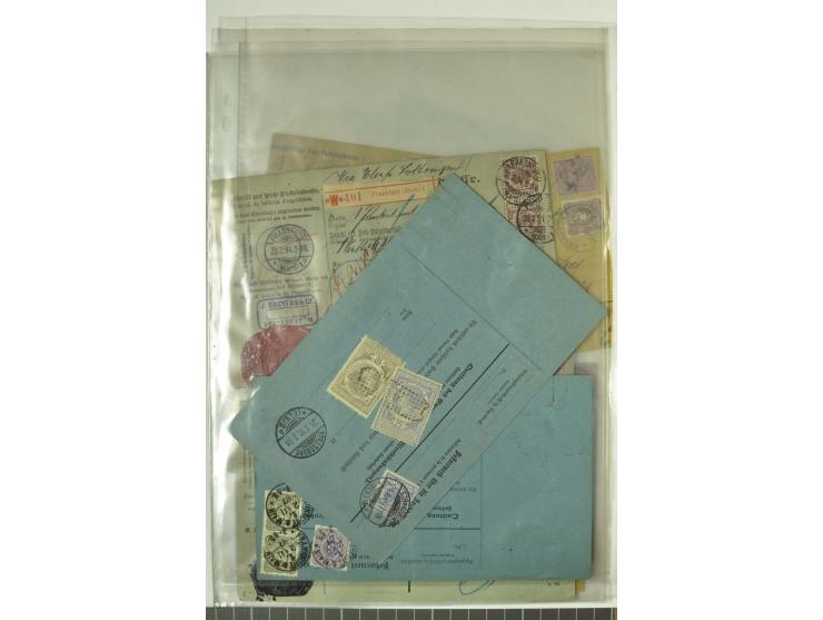 1874/95, 55 Auslandspaketkarten mit diversen Frankaturen ab Brustschild bis Krone/Adler, dabei viele Mischfrankaturen mit Inn