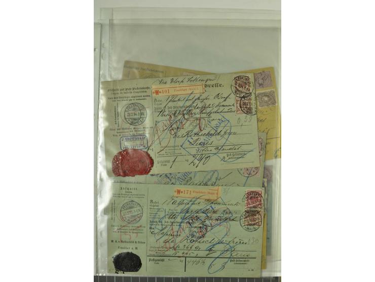 1874/95, 55 Auslandspaketkarten mit diversen Frankaturen ab Brustschild bis Krone/Adler, dabei viele Mischfrankaturen mit Inn