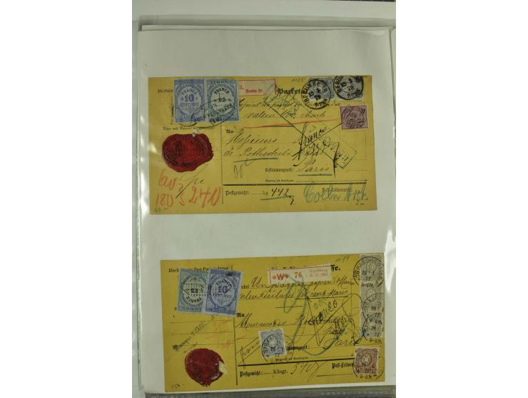 1874/95, 55 Auslandspaketkarten mit diversen Frankaturen ab Brustschild bis Krone/Adler, dabei viele Mischfrankaturen mit Inn
