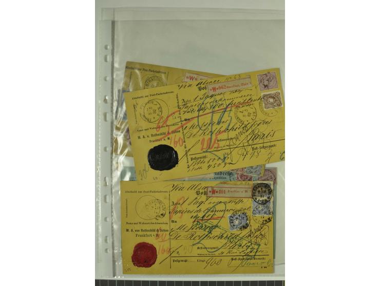 1874/95, 55 Auslandspaketkarten mit diversen Frankaturen ab Brustschild bis Krone/Adler, dabei viele Mischfrankaturen mit Inn