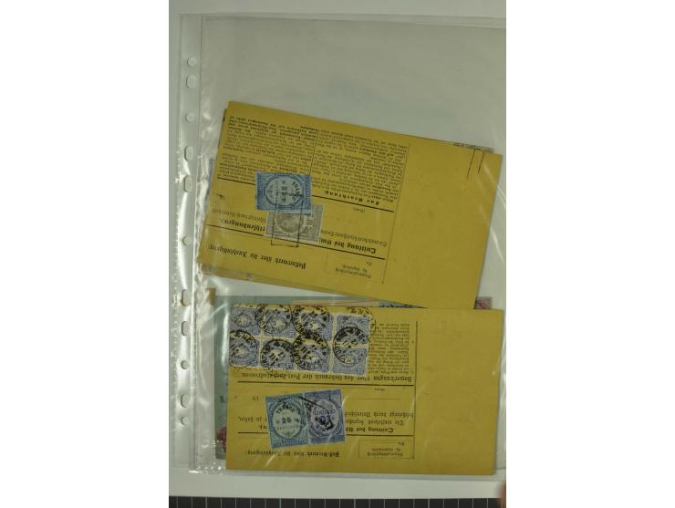 1874/95, 55 Auslandspaketkarten mit diversen Frankaturen ab Brustschild bis Krone/Adler, dabei viele Mischfrankaturen mit Inn