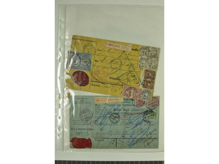 1874/95, 55 Auslandspaketkarten mit diversen Frankaturen ab Brustschild bis Krone/Adler, dabei viele Mischfrankaturen mit Inn