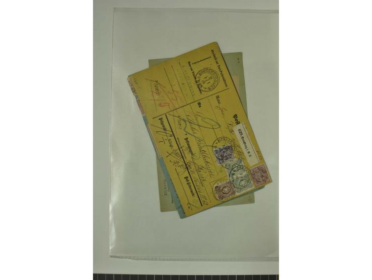 1874/95, 55 Auslandspaketkarten mit diversen Frankaturen ab Brustschild bis Krone/Adler, dabei viele Mischfrankaturen mit Inn