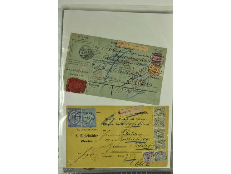 1874/95, 55 Auslandspaketkarten mit diversen Frankaturen ab Brustschild bis Krone/Adler, dabei viele Mischfrankaturen mit Inn