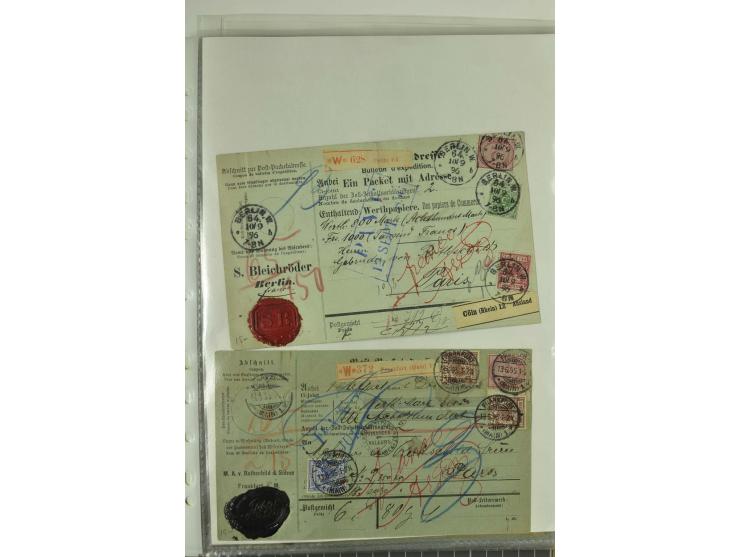 1874/95, 55 Auslandspaketkarten mit diversen Frankaturen ab Brustschild bis Krone/Adler, dabei viele Mischfrankaturen mit Inn