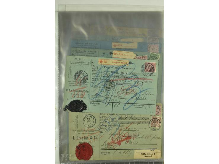 1874/95, 55 Auslandspaketkarten mit diversen Frankaturen ab Brustschild bis Krone/Adler, dabei viele Mischfrankaturen mit Inn