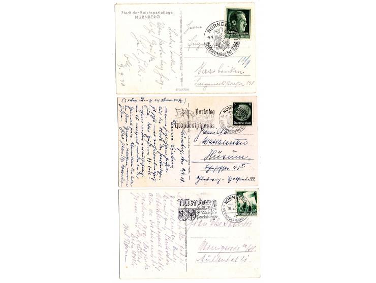 1936/38, Reichsparteitage, 8 Ansichtskarte mit Reichsparteitag-Sondermarke sowie Sonder- bzw. Werbestempel von Nürnberg