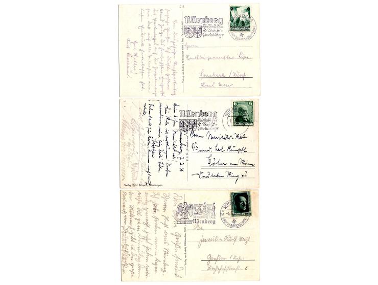 1936/38, Reichsparteitage, 8 Ansichtskarte mit Reichsparteitag-Sondermarke sowie Sonder- bzw. Werbestempel von Nürnberg