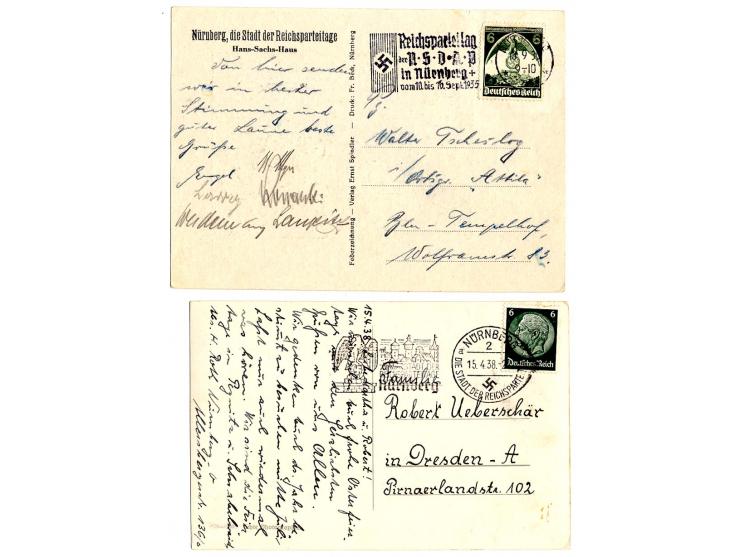 1936/38, Reichsparteitage, 8 Ansichtskarte mit Reichsparteitag-Sondermarke sowie Sonder- bzw. Werbestempel von Nürnberg