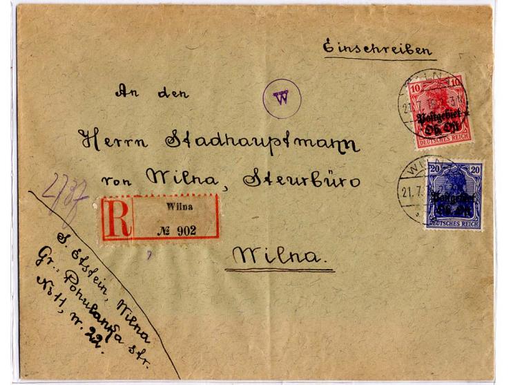 1916, 7 Briefe und Karten, dabei u.a. Deutsches Reich Mi.-Nr. 101 mit blauem L1 "Postamt 1" und nebengesetztem DKr. "KAUNAS 2