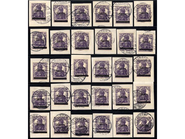1920, "Sarre" auf Germania 15 Pfg. dunkelblauviolett mit Aufdrucktype I auf 30 Briefstücken, Kabinett, je signiert Braun BPP 