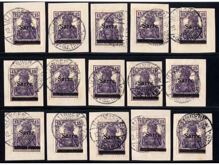 1920, "Sarre" auf Germania 15 Pfg. dunkelblauviolett mit Aufdrucktype I, 15 Stück mit verschiedenen Plattenfehlern aus A-QII,
