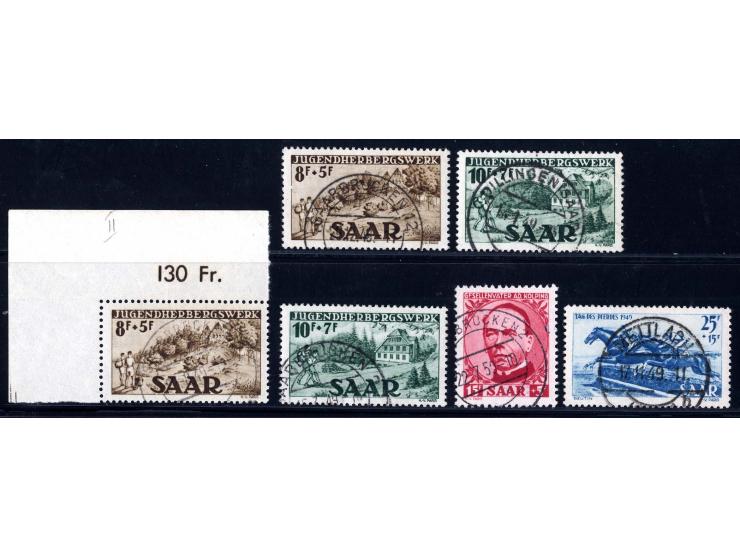 1949, Jugendherbergswerk, 4 verschiedene Plattenfehler, dazu Tag des Pferdes 25 F. und Kolping mit Plattenfehler, alle sauber