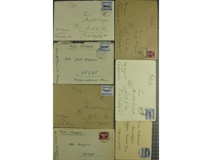 1944, 9 Briefe aus einer Korrespondenz, dabei Brief aus der Anlaufphase mit normalen Luftfeldpost-Zulassungsmarken an Feldpos