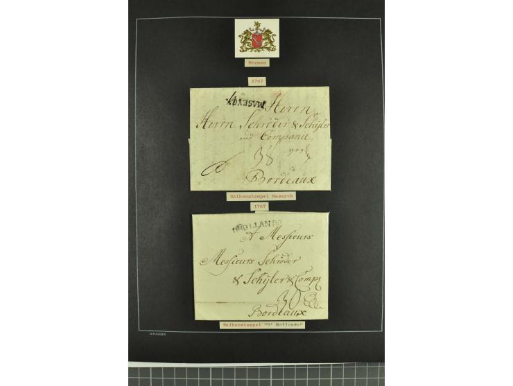 1790/1900 (ca.), ungewöhnliche 3bändige Sammlung, nach Orten aufgebaut, meist Vorphila und Privatpost mit einigen besseren Be